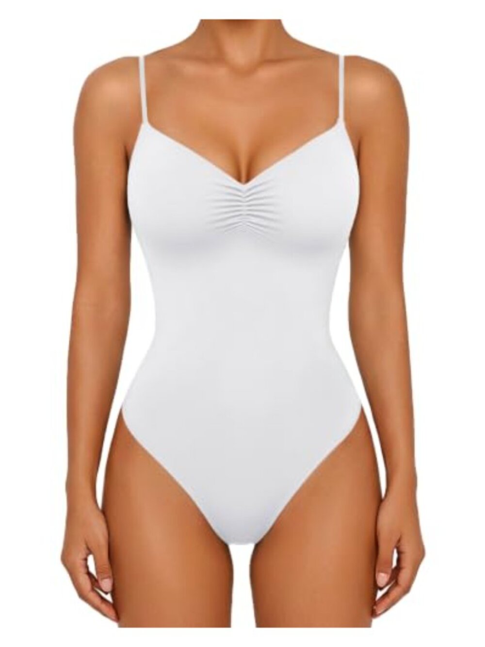Ruched V Neck Sleeveless Double Lined Thong Bodysuit Top Backless